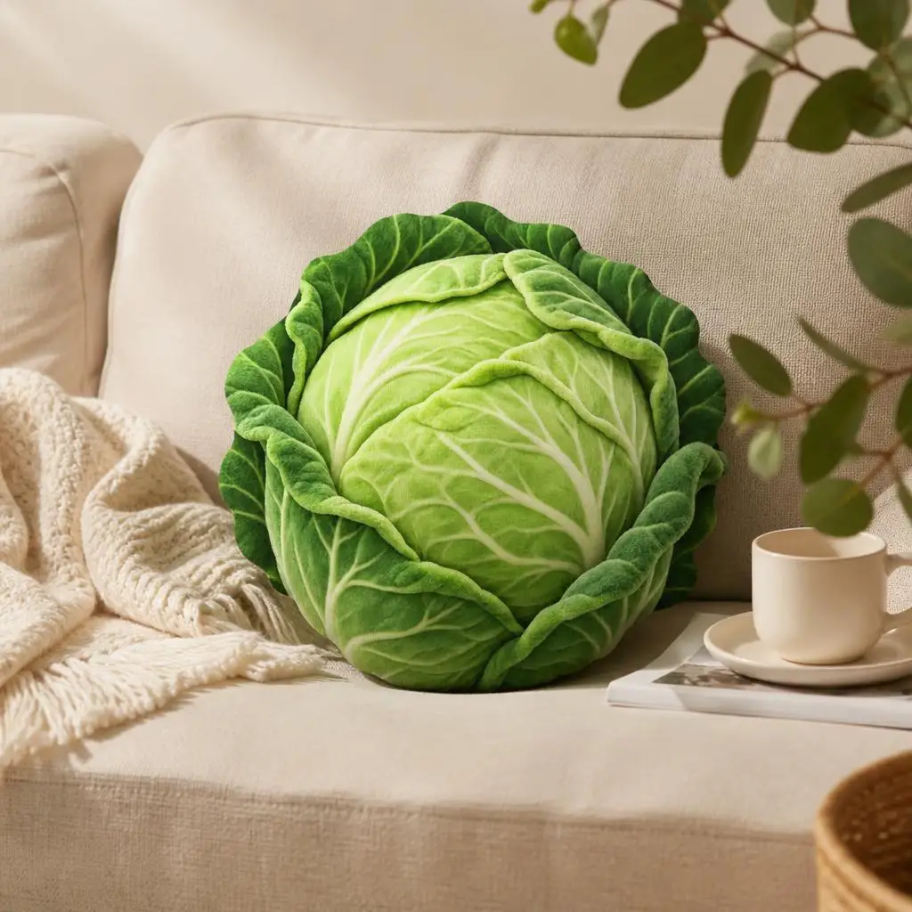 Green Cabbage Shaped Stuffed Pillow Vegetable Cushion Decorative Throw Pillow for Sofa Living Room Kitchen Decor Novelty Gift