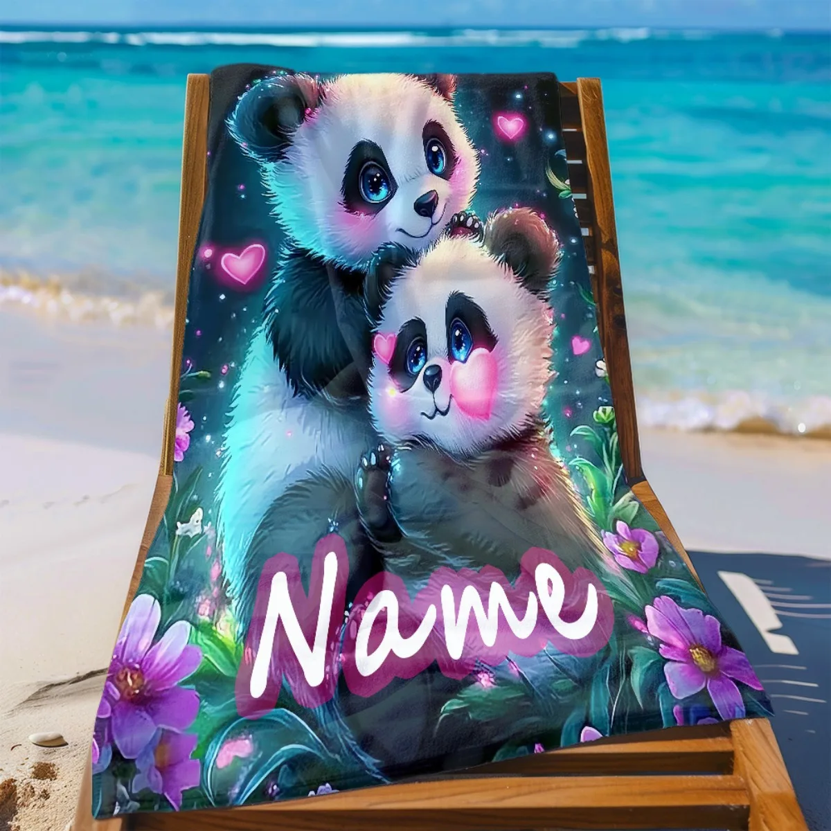 Custom Cute Panda Beach Towel Personalized Name Heart Floral 160x80cm Microfiber Bath Towels All Season Soft Absorbent Blanket