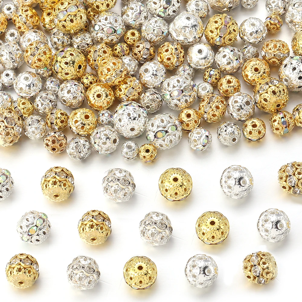 SAUVOO 10pcs Rhinestone Balls 6-12mm Gold Silver Disco Ball Bead Crystal Spacer Loose Beads For DIY Jewelry Making Accessories