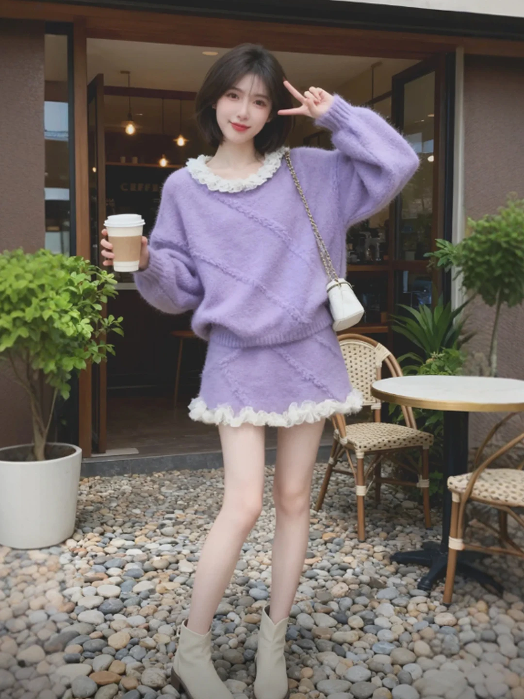 

Мягкий фиолетовый комплект из свитера и юбки: женский зимний наряд, удобный свободный крой, круглый вырез, длинный рукав, комплект из двух предметов