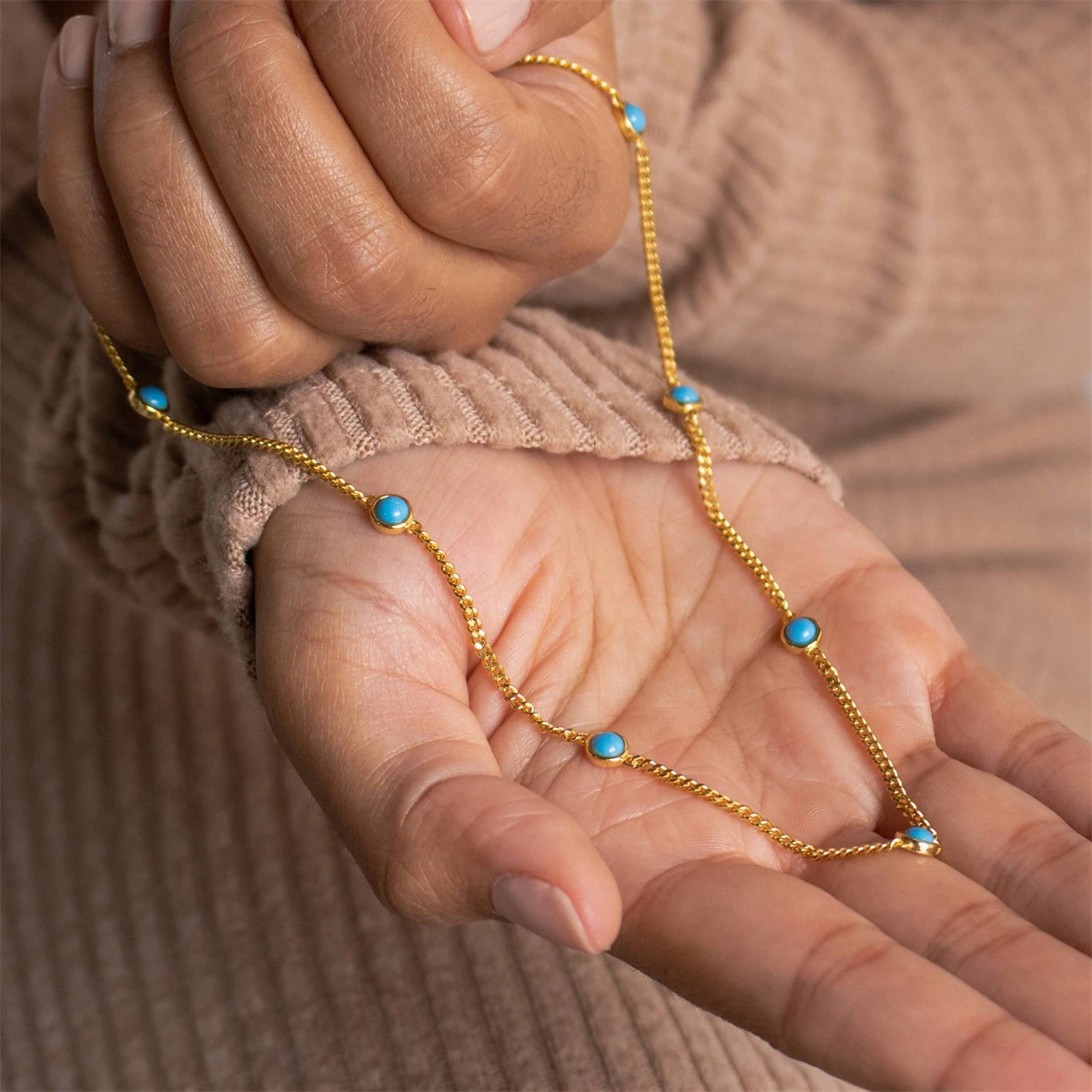 New titanium steel multiple natural turquoise necklaces, collarbone chains, tassels, zircon necklaces