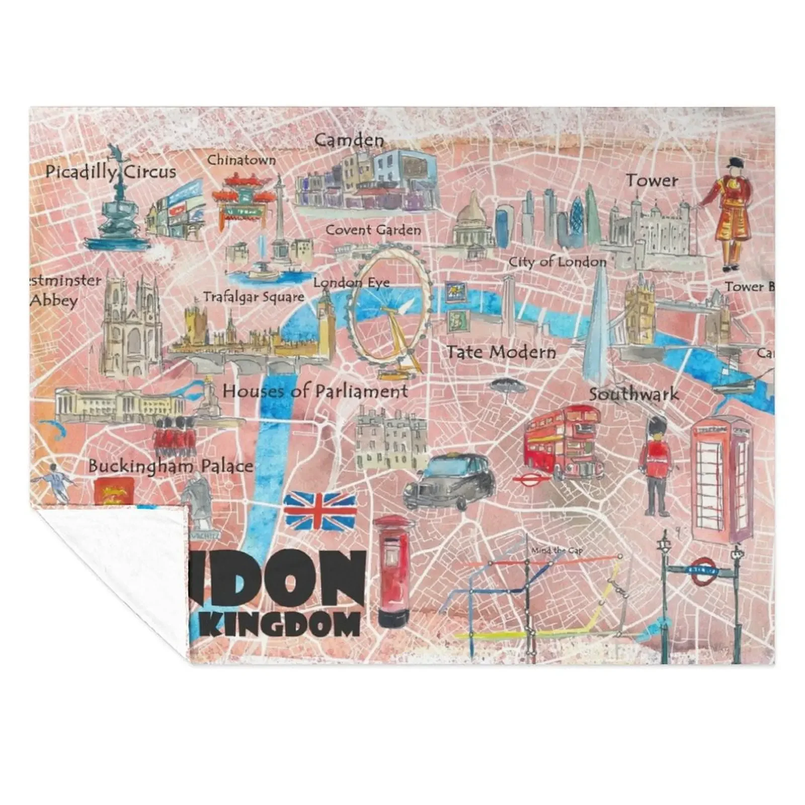 

London UK Illustrated Map with Main Roads, Landmarks & Highlights Throw Blanket sofa bed Soft Plush Plaid Plush Polar Blankets