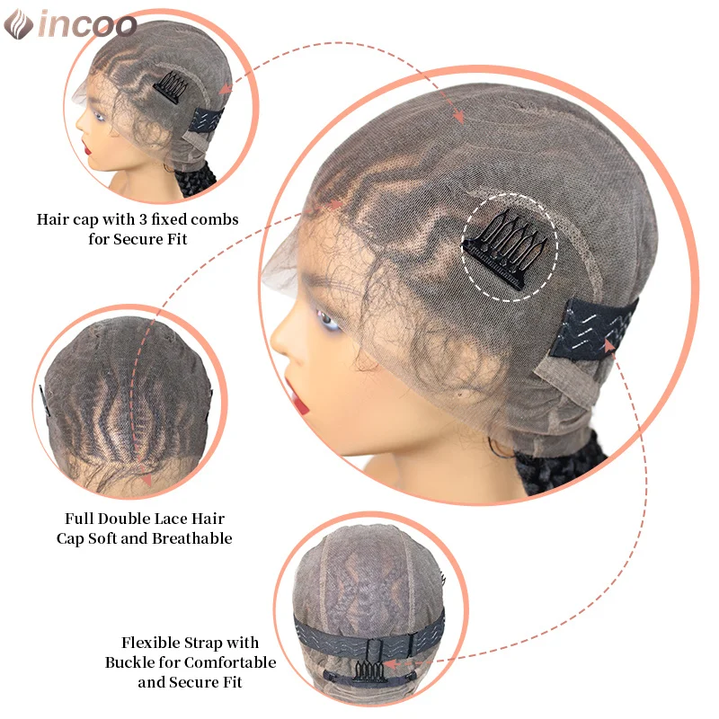 Wig Kepang Cornrow Sintetis 36 Inci Wig Kepang Depan Renda Penuh Bagian Samping untuk Wanita Kulit Hitam Rambut Kepang Kotak Tanpa Simpul Mudah untuk Kami