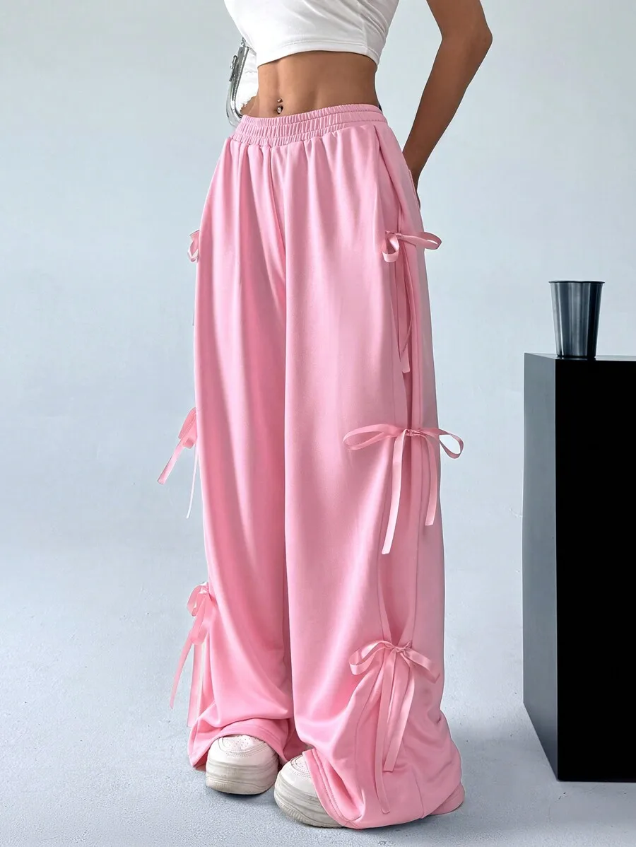 

Pink Wide-Leg Lounge Pants with Ribbon Ties, Soft Elastic Waist, Casual Spring Summer Wear