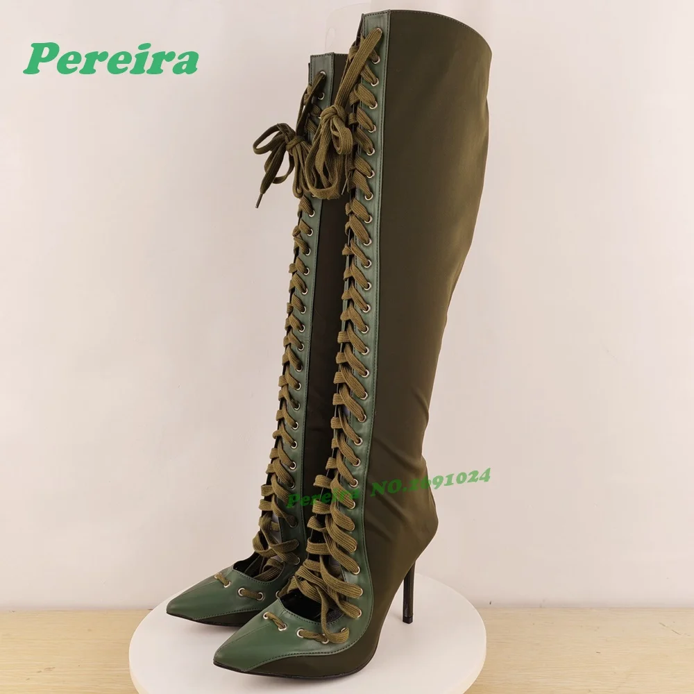 Lace-Up Splicing Knee High Boots Gladiator Pointy Toe Sewing Stiletto Heels Women's Long Boots Patchwork Back Zip Casual Shoes