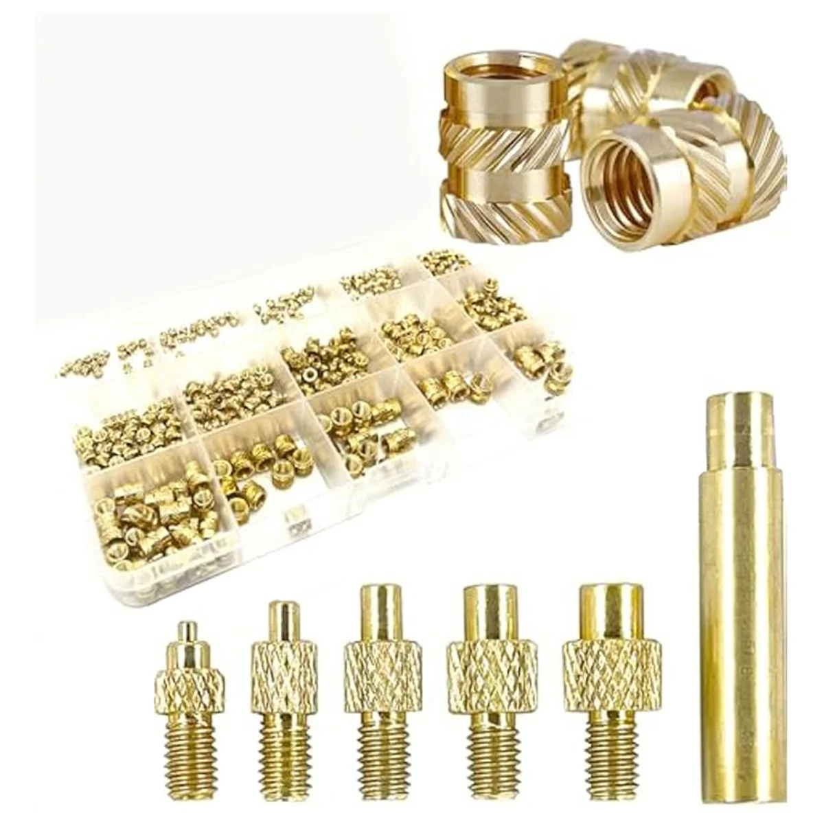 

Nuts Threaded Inserts 360Pcs M2/M2.5/M3/M4/M5/M6 Female Thread Metric Knurled Nuts Assortment Kit Brass Heat Set Insert