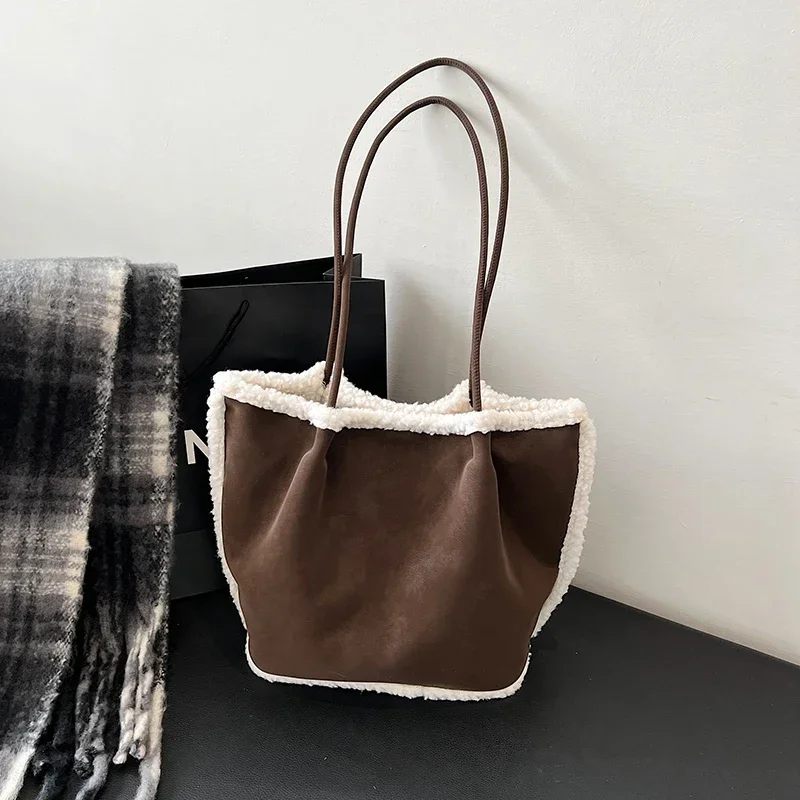 Suede Hasp 2024 Winter New Product Shoulder Bag Solid Color Versatile Fashion Handbag Soft Simple Large Capacity Trendy Tote Bag