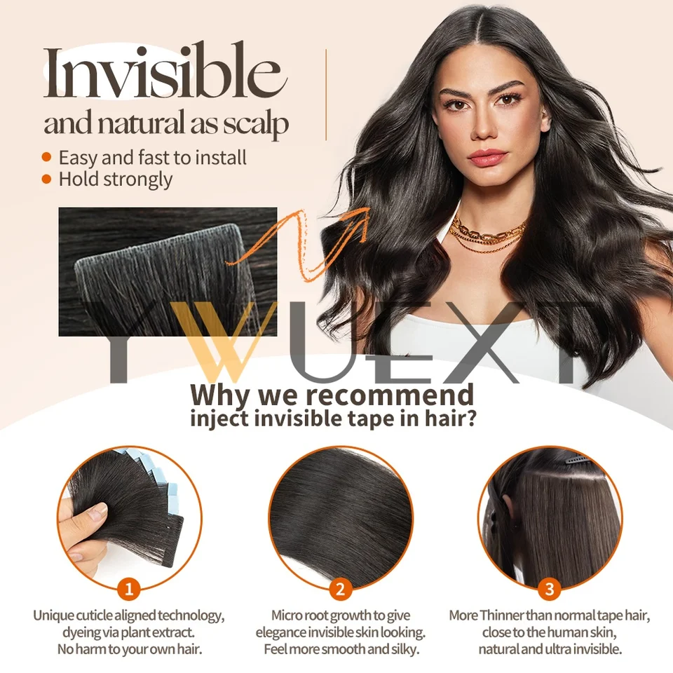 Trama de piel invisible marrón, extensiones de cabello natural lacio a máquina, Remy sin costuras adhesivas tape in de cabello humano, 10 piezas por paquete 3
