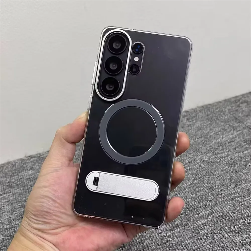 

Luxury Magnetic Wireless Charging Stand Clear Case For Samsung Galaxy S26 S25 Ultra Transparent Plastic Shockproof Bracket Cover