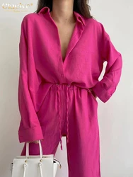 Clacive-Conjunto de dos piezas de camisa de manga larga para mujer, traje de lápiz de cintura alta, pantalón Rosa suelto informal, otoño