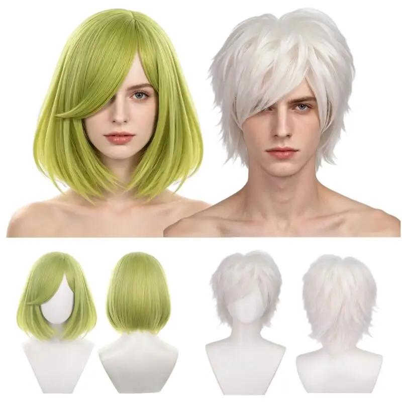 Peluca japonesa de anime Green Coco Bob o peluca sintética en capas Qifrey blanca para mujeres y hombres, accesorio para disfraz de Cosplay, accesorio para fiesta de Halloween