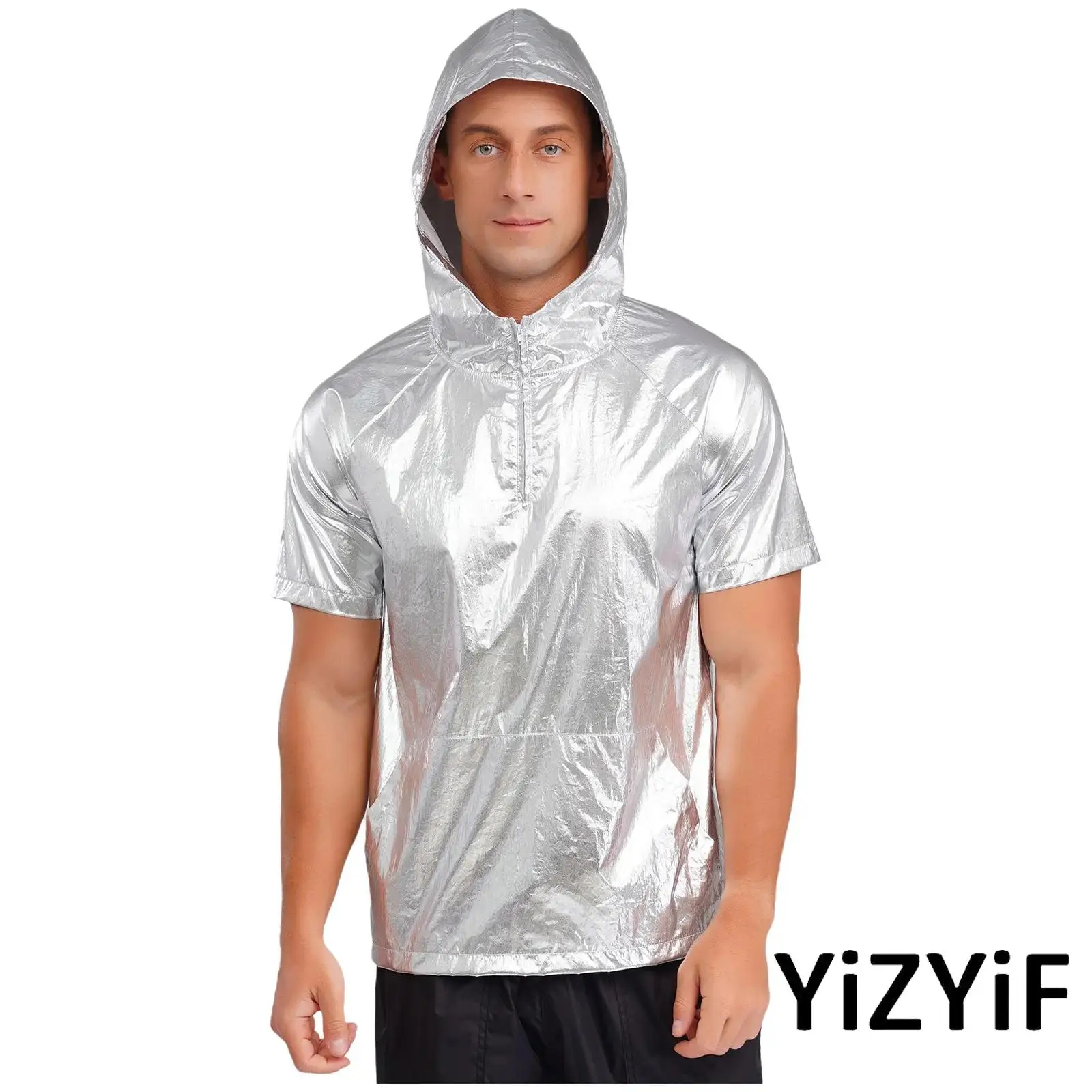 بلوفر بغطاء للرأس معدني أنيق للرجال بأكمام قصيرة وسحاب وغطاء للرأس وخفيف الوزن لمهرجان موسيقى الرقص والديسكو