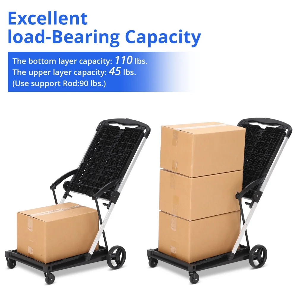 2-Tier Folding Shopping Cart with Wheels Service Cart with Storage Crate, Utility Carts 200LBS Capacity Storage Hand Truck