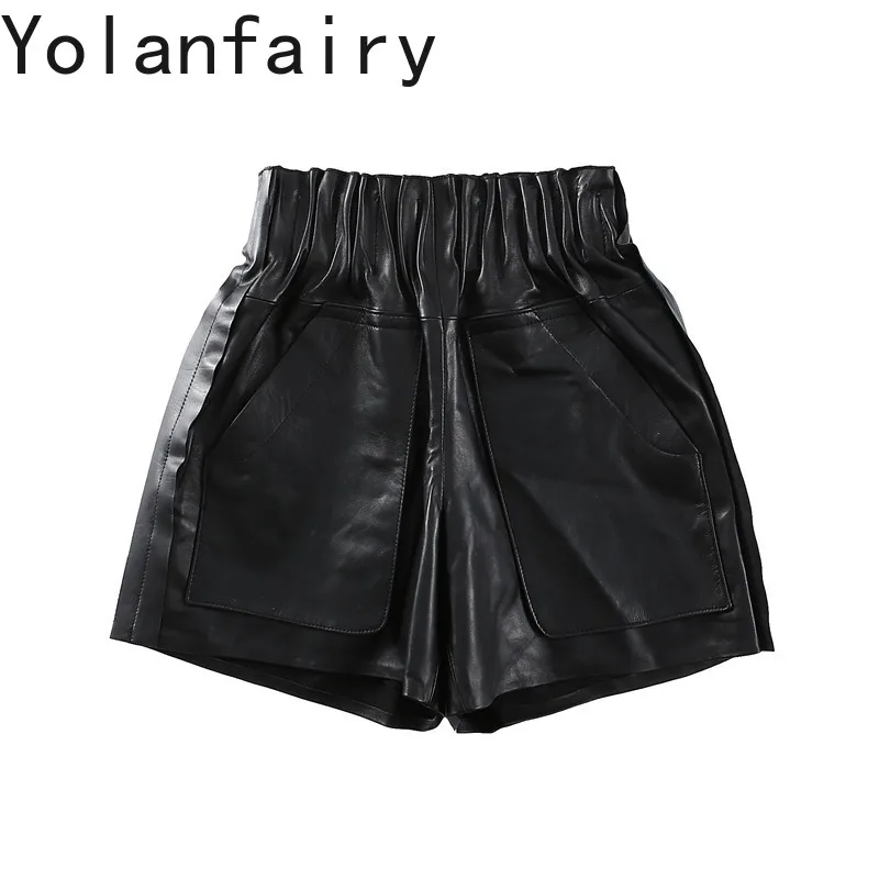 YOLANFAIRY 2026 Real Sheepskin Leather Shorts for Woman High Ealstic Waist Wide Leg Short Pants Korean Casual Black Shorts Women