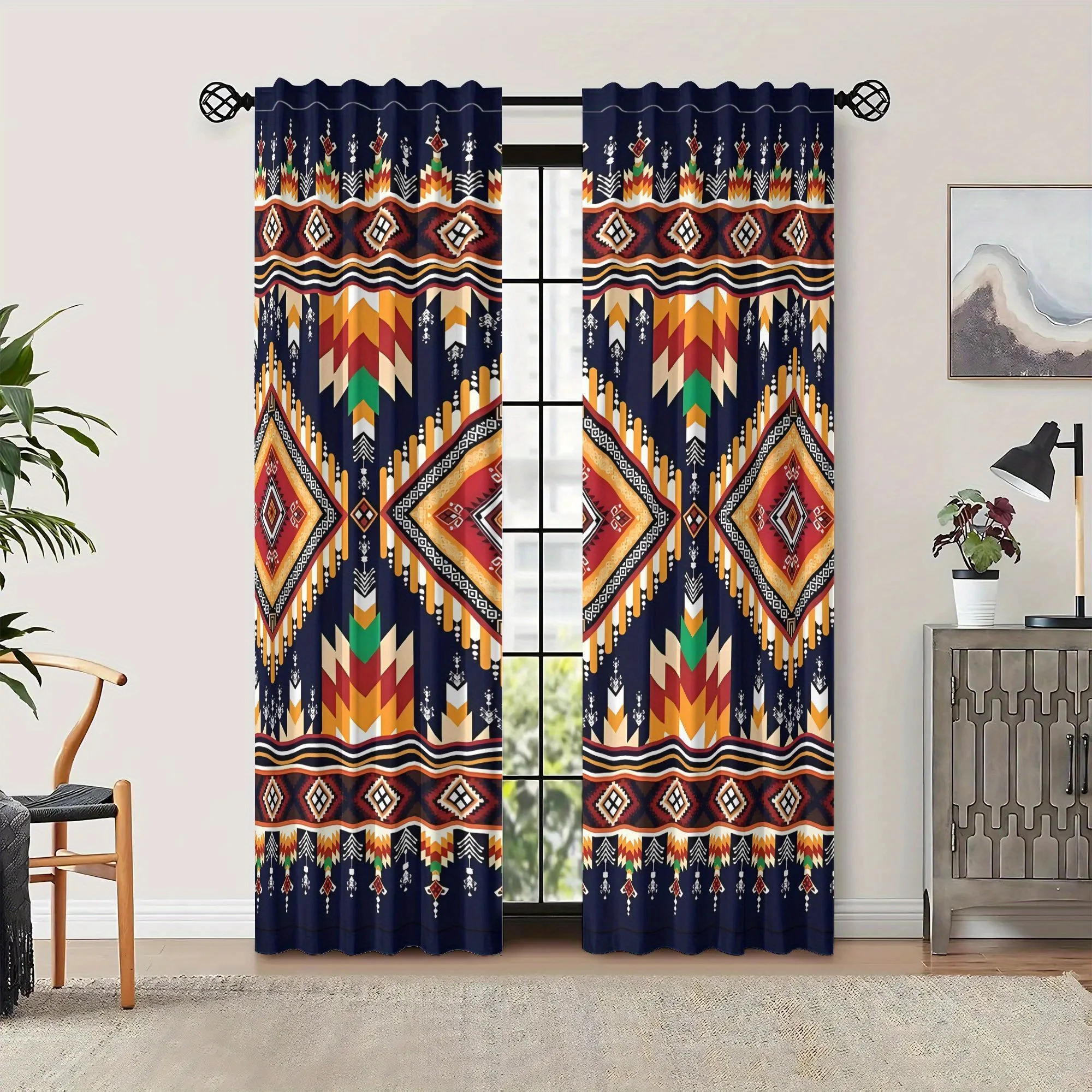 Retro ethnic style curtains, pole-mounted installation. Suitable for living rooms, bedrooms, dining rooms and hotels.