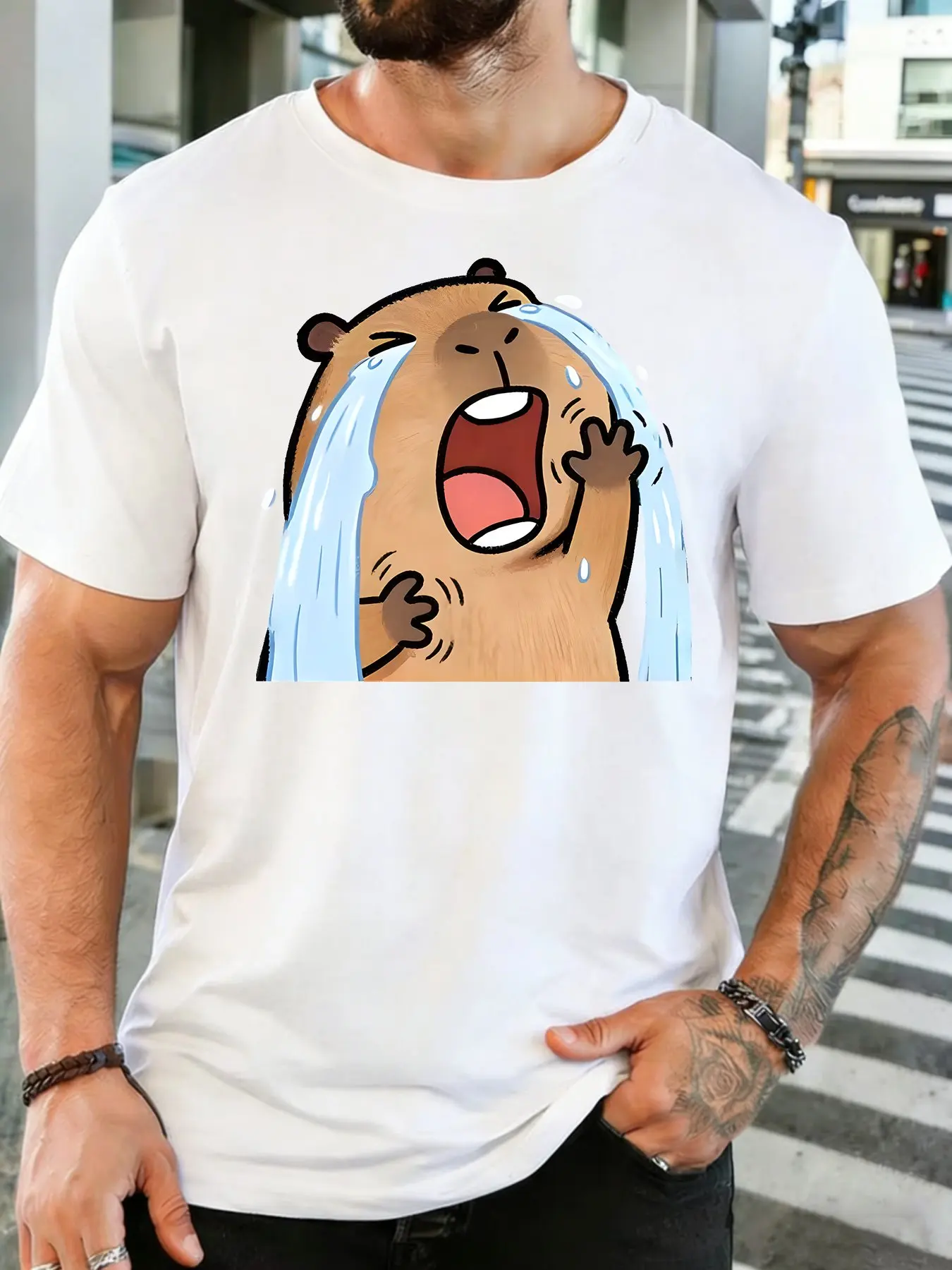 Crying Capybara Meme Mens T Shirt Cotton Short Sleeve Crew Neck Casual Oversized Animal Graphic Tee Summer Male Street Top Gift