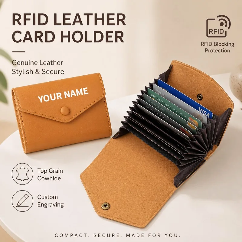 Genuine Leather Card Holder RFID Blocking Slim Luxury Cowhide Accordion Card Case Mini Driving License Wallet Custom Engraved
