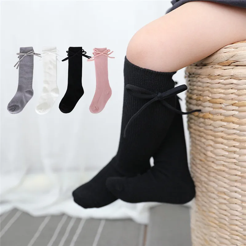 Autumn Kids Knee High Socks Baby Girls Boys Bowknot Flat Long Sock Soft Cotton Solid Children Princess Socken For 0-7Years