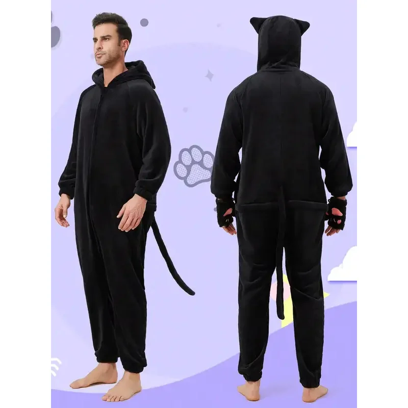 Piyama jumpsuit hitam dewasa sarung tangan kaki kostum pasangan cosplay kucing lucu untuk berdandan pria dan wanita ir;l5