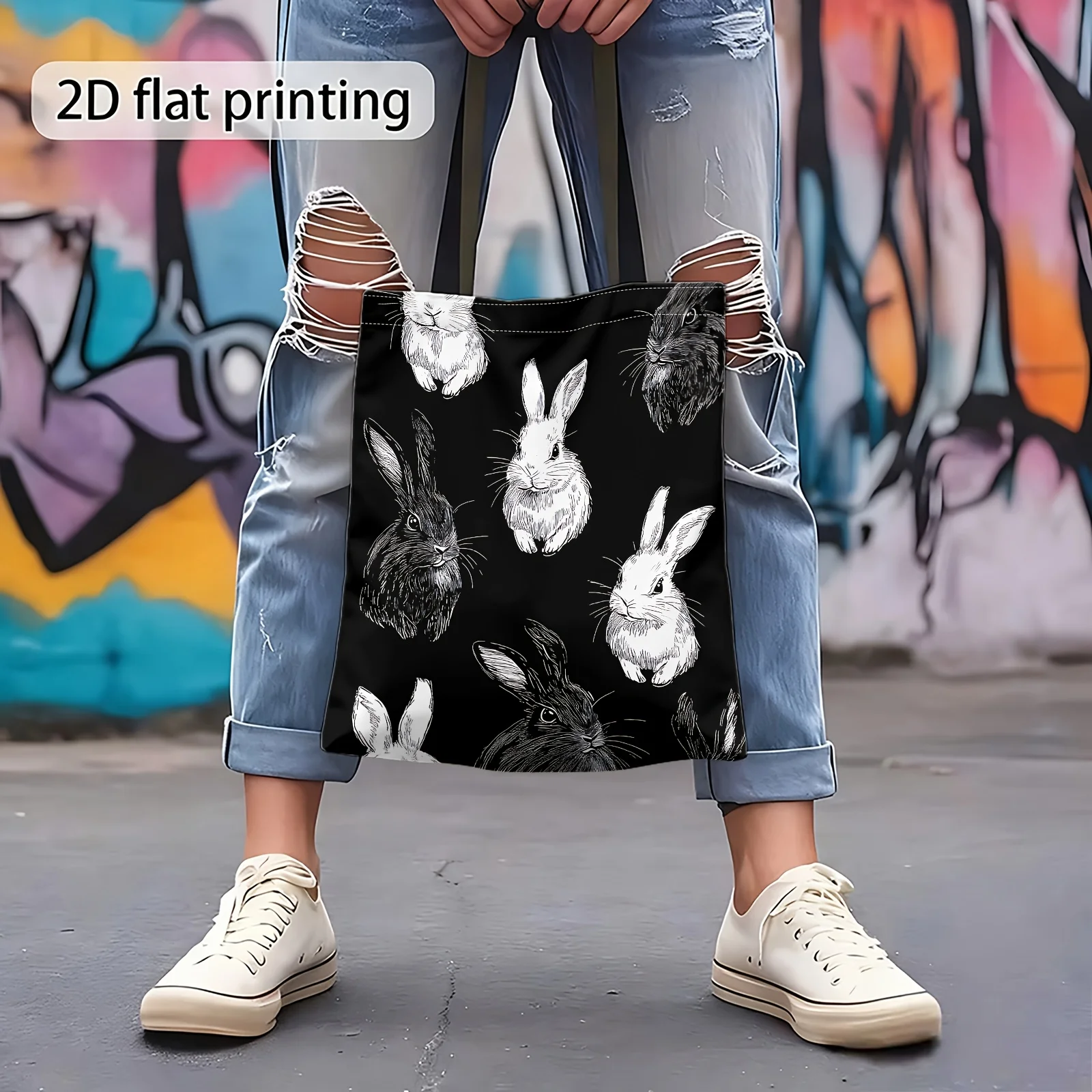 1pc [Tote Bag] 2D Flat Effect, Modern Minimalist Black And White Sketch Rabbit Animal Pattern Tote Bag, Large Capacity New Style