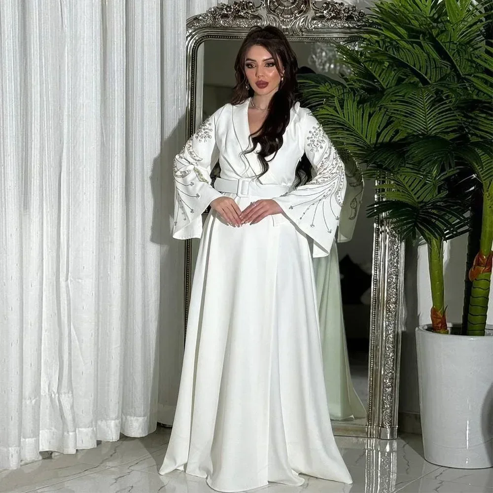 Eid Belted Dress Diamonds Printed Jalabiya Muslim Abaya Women V-neck Arab Lace-up Gown Long Robe Trumpet Split Sleeves Clothing