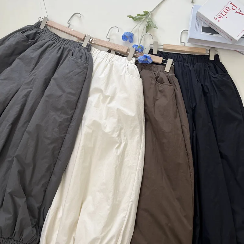 Pantalones tipo farol de pierna ancha con cintura elástica japonesa Sle, pantalones holgados de algodón de talla grande para mujer, pantalones cálidos y perezosos a la moda