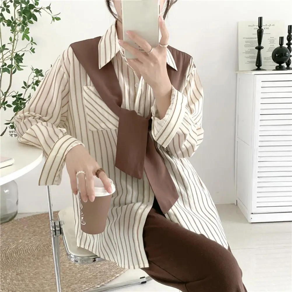 Women Shirt Women Vertical Stripe Shirt Style Women's Long Sleeve Striped Shirt with Lapel Collar Fake Two-piece Design for Work