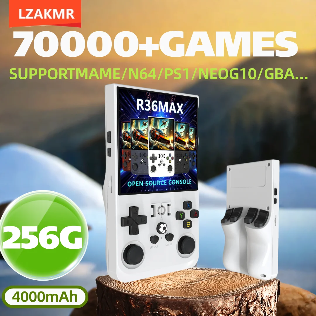 وحدة تحكم ألعاب R36 MAX ريترو 4.0 بوصة IPS شاشة محمولة مفتوحة المصدر مشغل ألعاب فيديو مدمج 70000+ ألعاب 256G هدية ألعاب