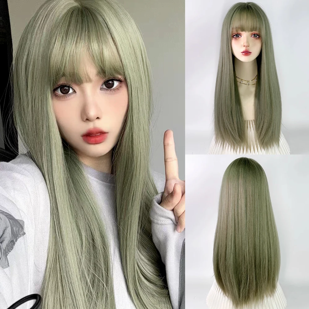 

Women Long Straight Green Synthetic Women Fluffy Wig Lolita Cosplay Heat Resistant Hair Wig with Bangs for Daily Party