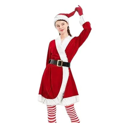 Adult Women Hooded Red Christmas Dress Mrs Claus Fancy Costume For Holiday Themed Party Stage Performance Photograph Prop Dress