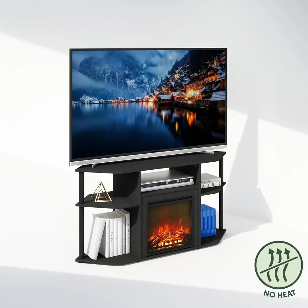 Soporte de TV esquinero con chimenea eléctrica decorativa y almacenamiento abierto, centro de entretenimiento para televisores, postes de plástico incluidos