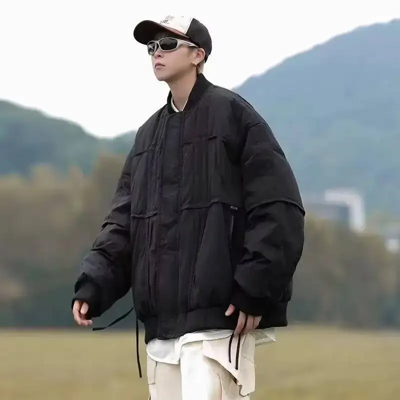 

Winter Baseball Cotton Ex Loose Fit Warm Coat Pure Color Splicing Design