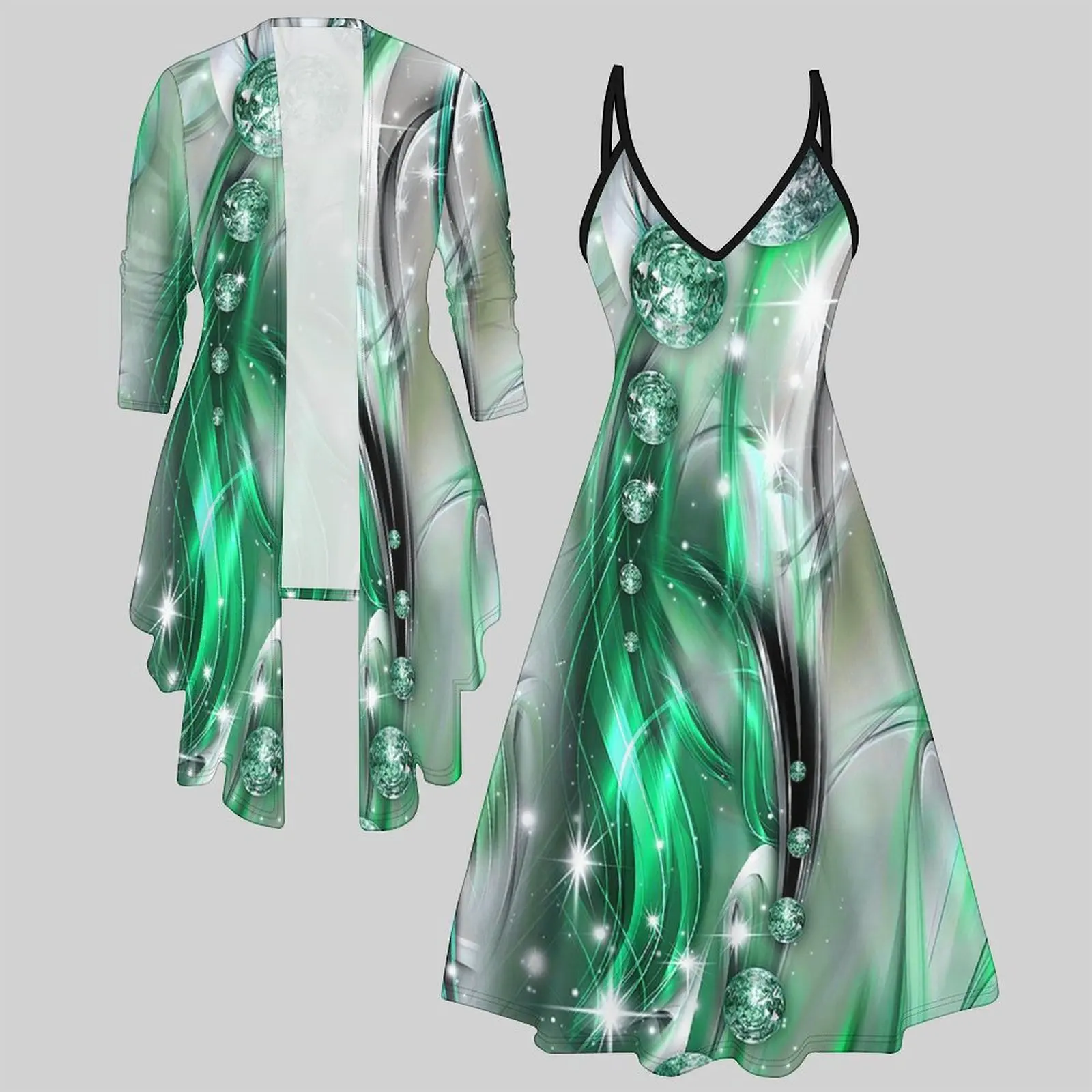 Vintage Print Two Piece Matching Set Ladies Sleeveless Midi Slip Dress 3/4 Sleeve Open-front Cardigan Daily Wear Outfit