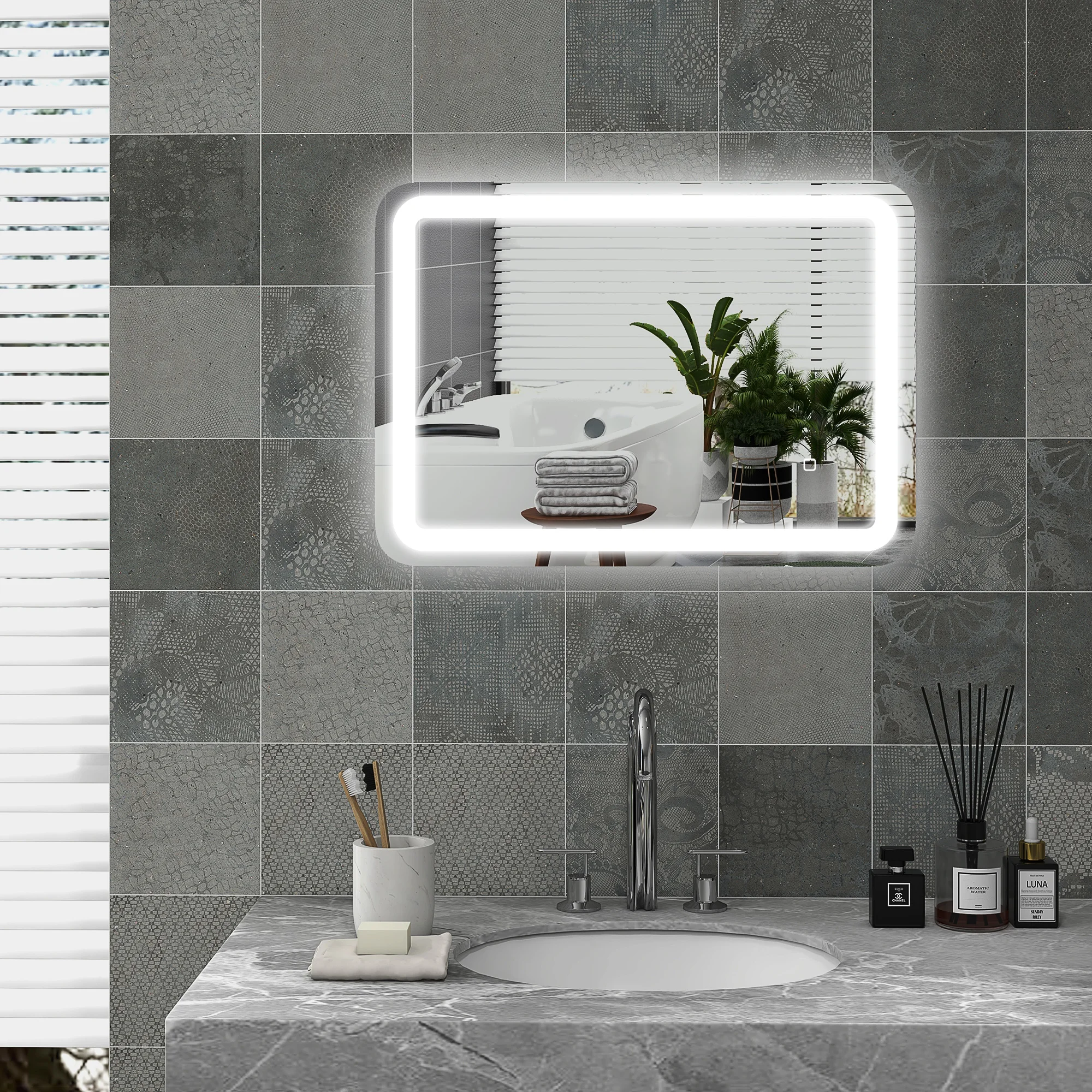 Miroir de salle de bain LED argenté 50×70cm, 3 couleurs de lumière, tactile, IP44, anti-buée, mémoire