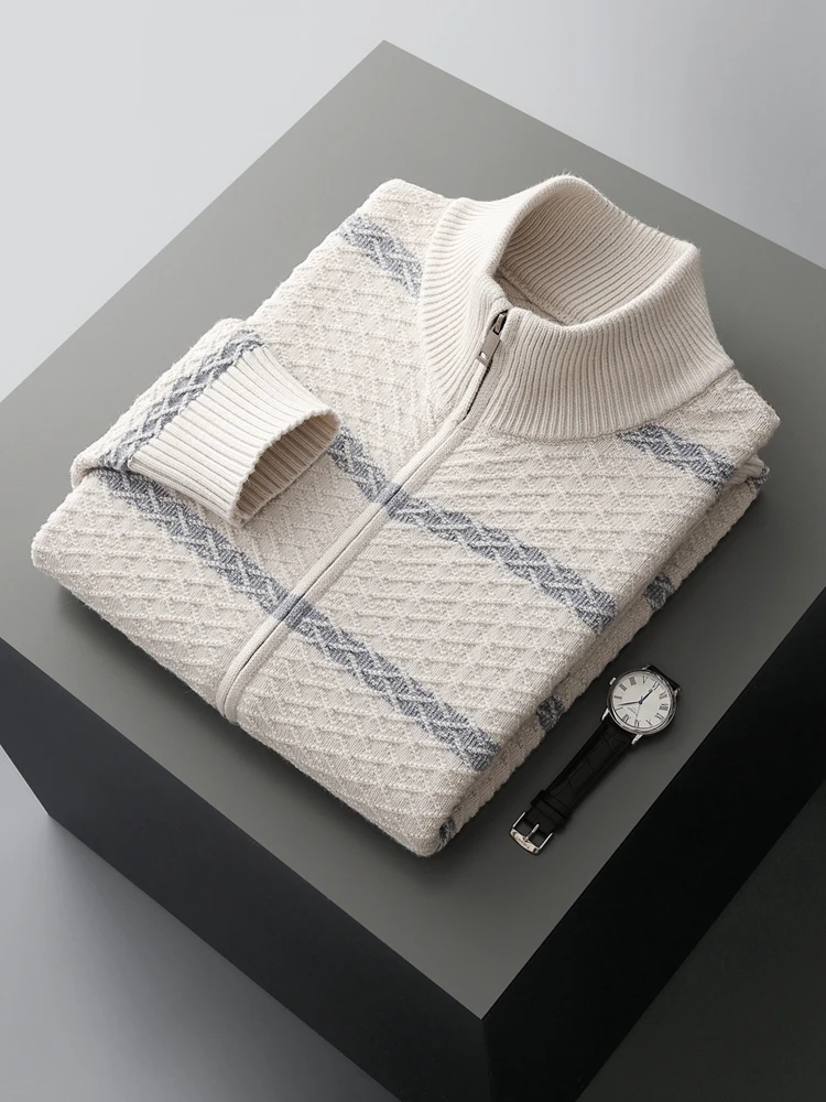

2025 Men's Cable Stitch Cardigan Autumn Winter 100% Merino Wool Knitwear Jacquard Sweater Twist Clothing Striped Pleated Blouse