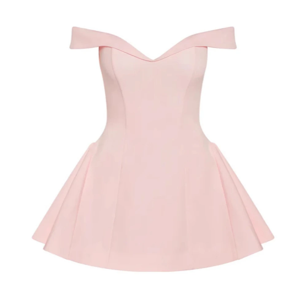 Robe nouvelle épaule dénudée dos nu Sexy sans manches couleur unie douce princesse Style taille courte robe de soirée rose