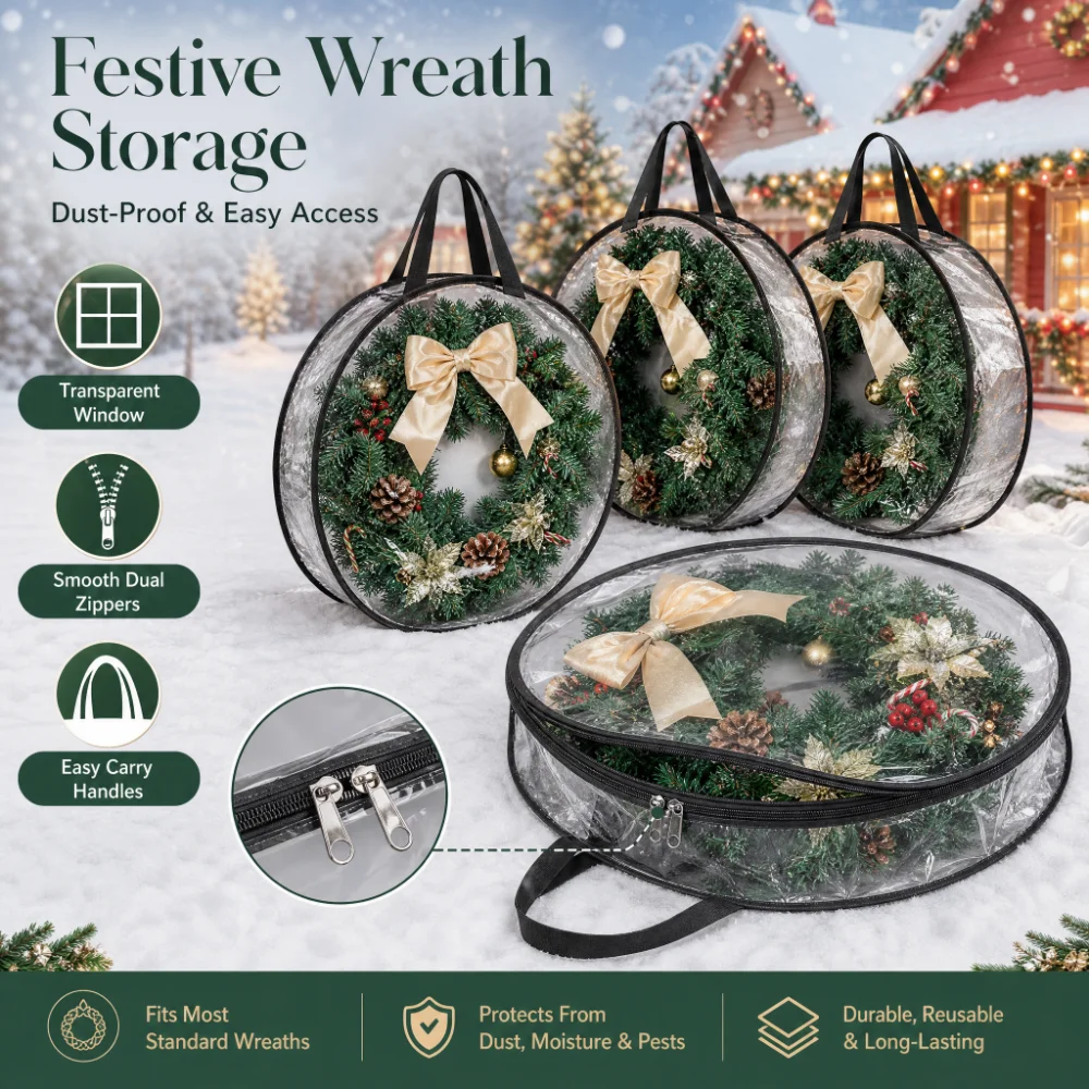Christmas Wreath Storage Bag Clear, 30/24 Inch Container with Handle Dual Zipper, Dustproof Protector for Holiday Decorations