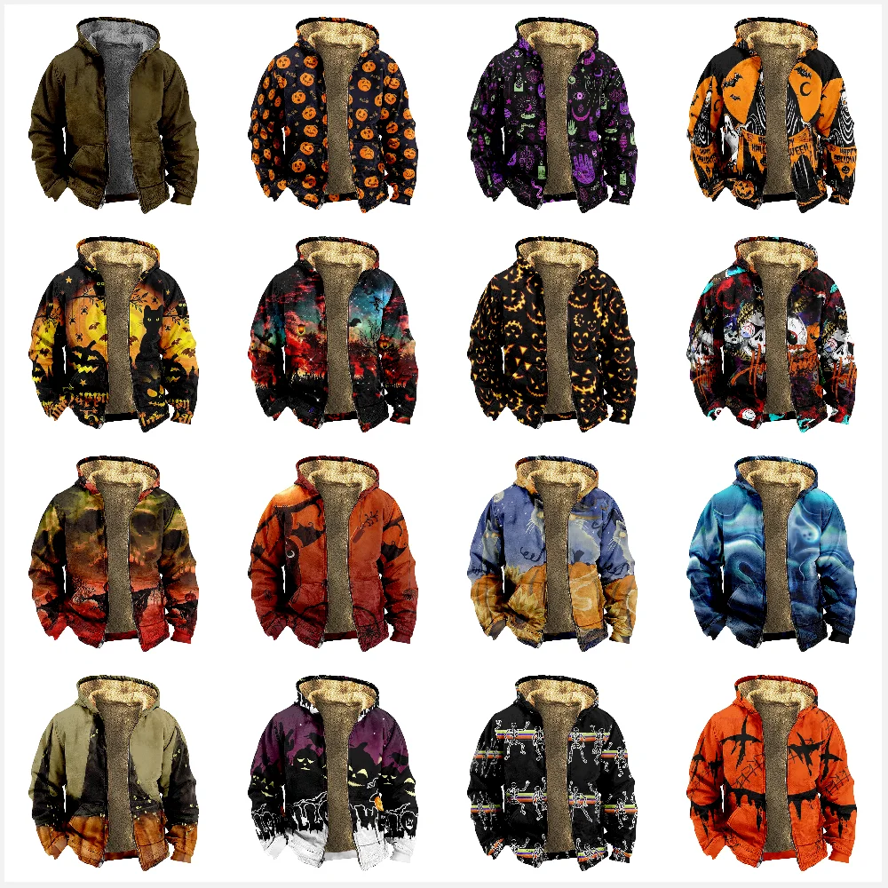 

2026 New Halloween Cotton Coat Hooded Sweater Casual Print Long Sleeve Zipper Sweater Thick Cotton Coat Winter