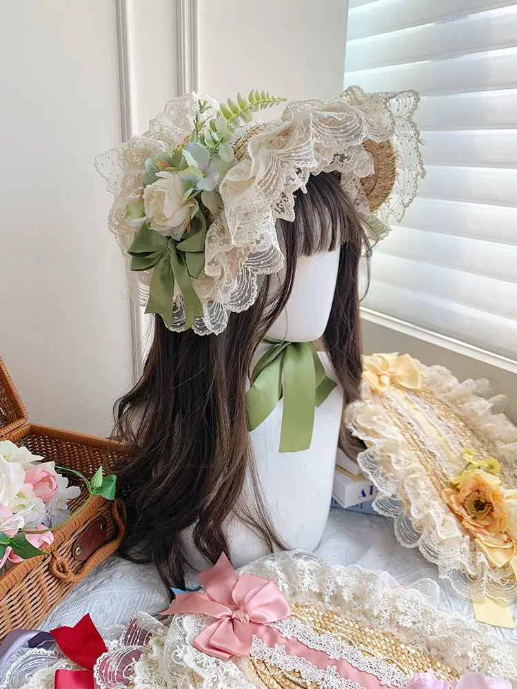 Summer Handmade Original Design Pastoral Multi-color Lace Bow Flat Hat Straw Hat Lolita Hair Accessories for Women