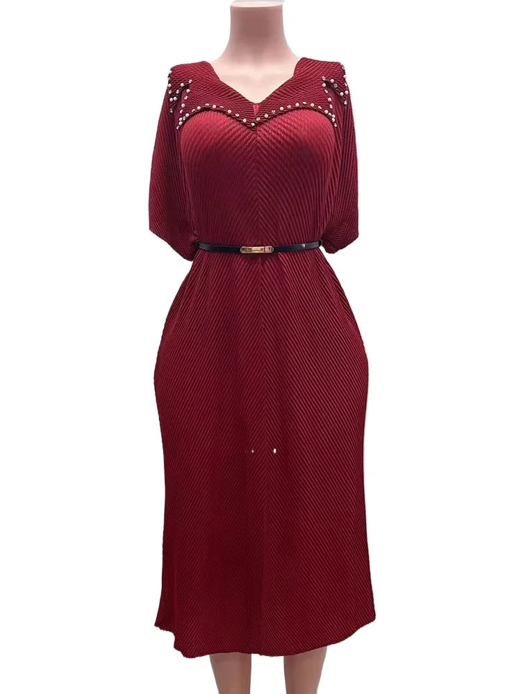 

EGRM 2025 New High-End Beaded V-Neck Pleated Women's Dress Versatile Loose Elastic Casual Half Sleeve Famale Clothing 7GR8196