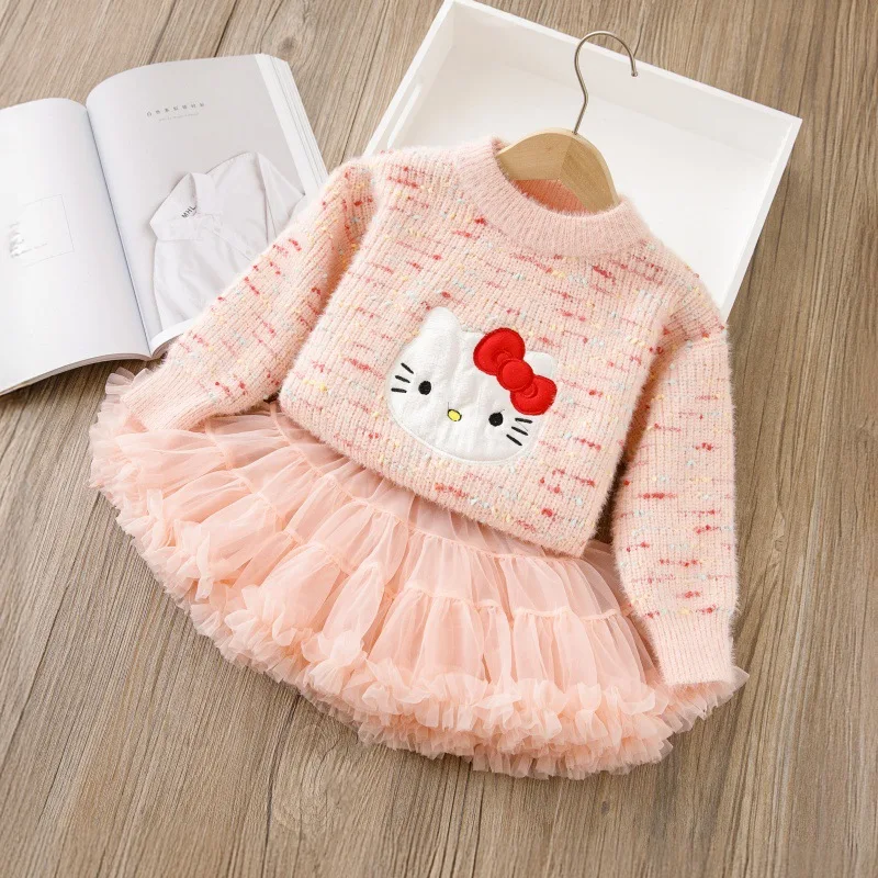 

Свитер для девочек «Hello Kitty», милый мультяшный весенне-осенний новый базовый слой, бархатное утепленное платье принцессы, комплект из двух предметов, пачка