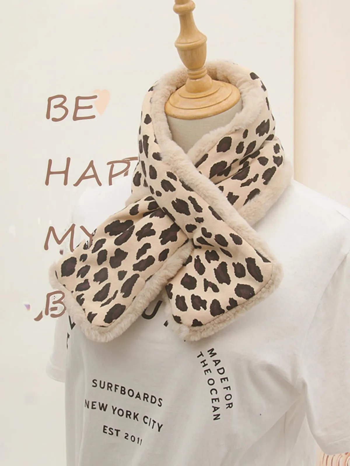 Bufanda de piel sintética de conejo para mujer, bufanda esponjosa con estampado de leopardo, gruesa y cálida, moda coreana para invierno