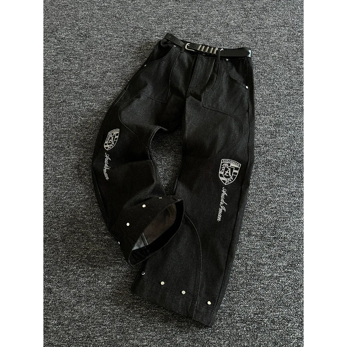 American Style Men's Jeans Knife  Embroidery Original Cotton Loose Letter Wide Leg Pants Streetwear Polyester Blend
