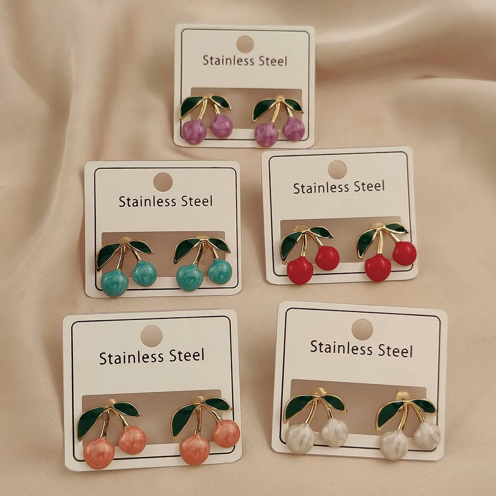 New cherry colored enamel 18K gold-plated women's earrings, waterproof and non-fading stainless steel, wife's gift