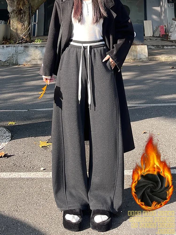 

Женские утепленные брюки с широкими штанинами, высокой талией и шнурком, теплые зимние повседневные свободные брюки, маленький размер