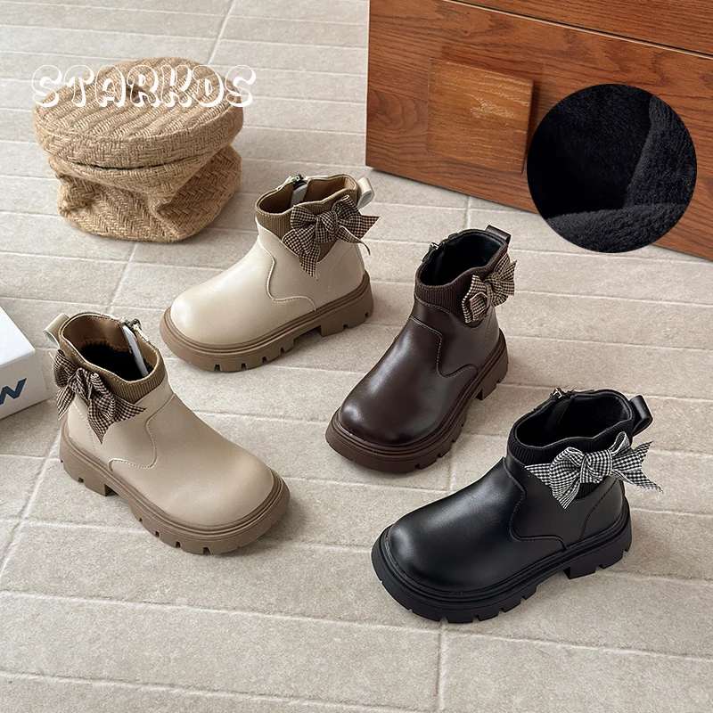 

Сапоги на платформе с круглым носком и узлом-бабочкой, детские теплые плюшевые ботинки на молнии сбоку для девочек, детские зимние кожаные модельные туфли