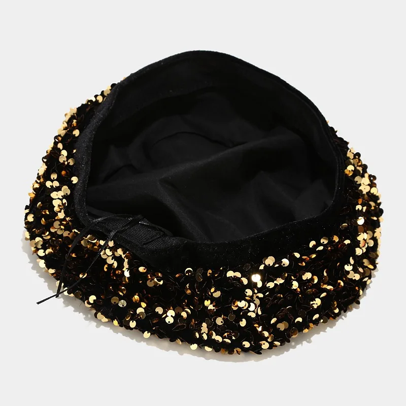 Damen Mädchen Pailletten Baskenmütze Frauen Elegante Achteckige Kappe Persönlichkeit Maler Kürbis Hut für Festival Party Club Halloween – Detail 18