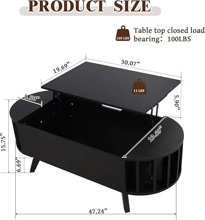 Журнальный столик с подъемным верхом 47,3 дюйма со скрытым хранилищем, небольшой торцевой столик с изогнутым краем, овальный центральный стол с подъемной столешницей