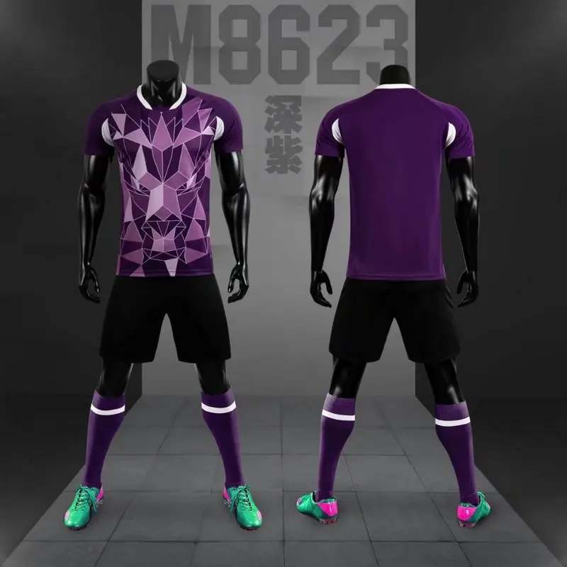 Summer brand football wear blue red white jersey custom short-sleeved T-shirt shorts set 8623
