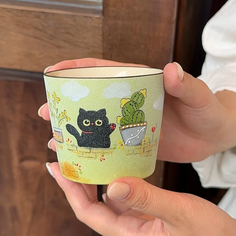 Hand painted coarse pottery underglaze color craft ceramic cup cute childlike breakfast cup latte coffee cup afternoon tea
